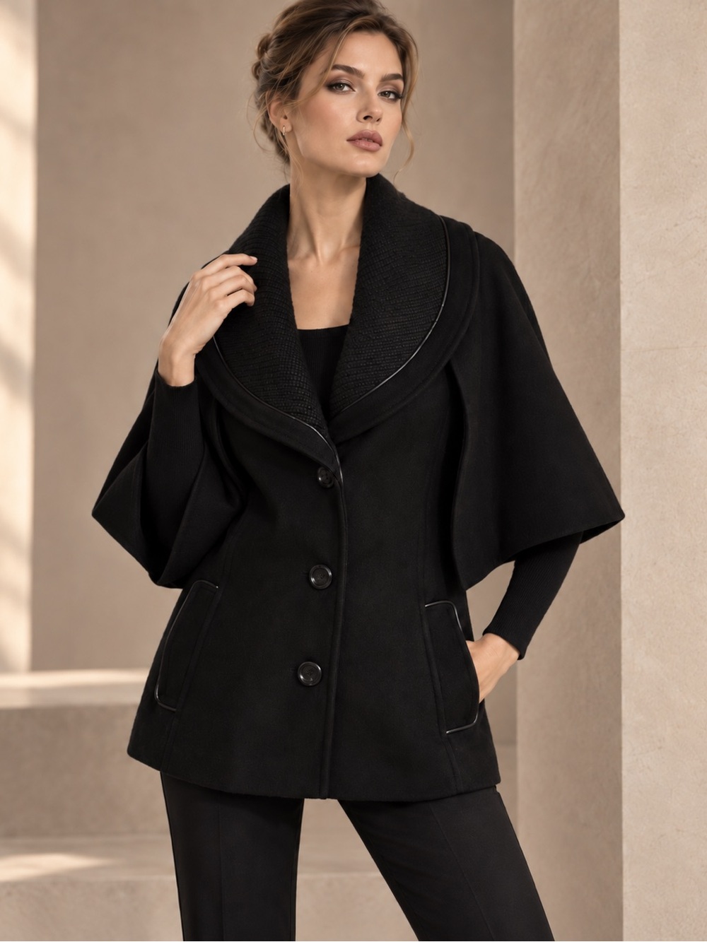 GUESS Black Wool Blend Cape Jacket Ribbed Shawl Collar Piping Women's Size S